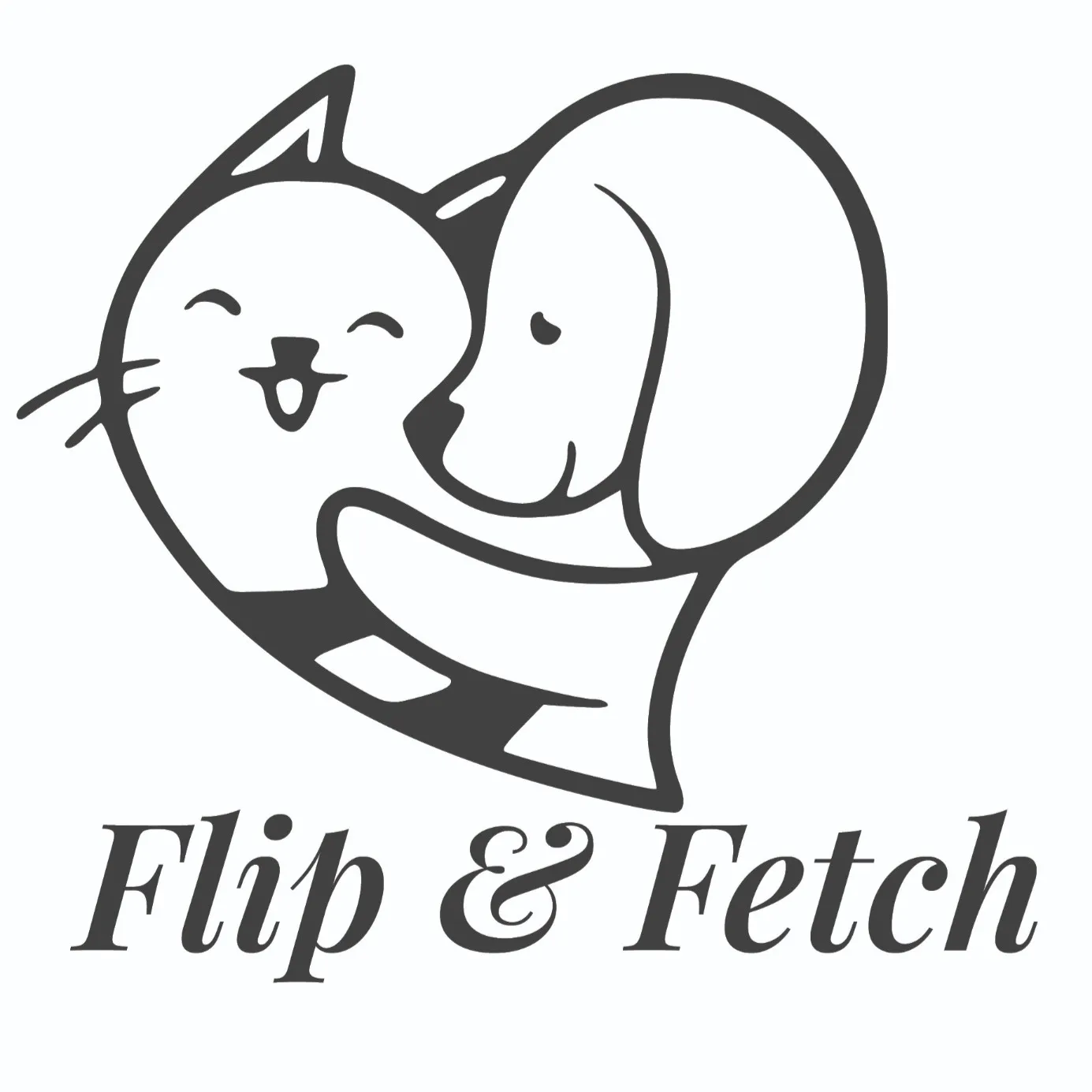 Flip and Fetch logo with a cat hugging a dog in a heart shape