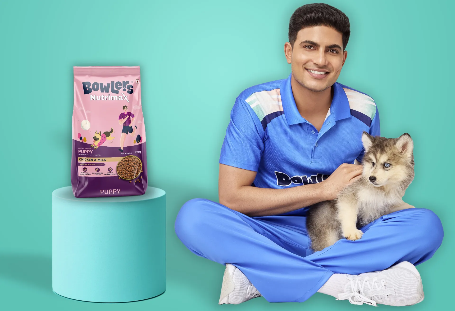 shubham Gill with a husky puppy in his lap and a bowlers bag