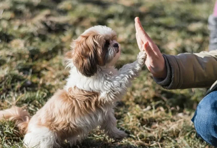 a picture depicting a shih tzu with a human