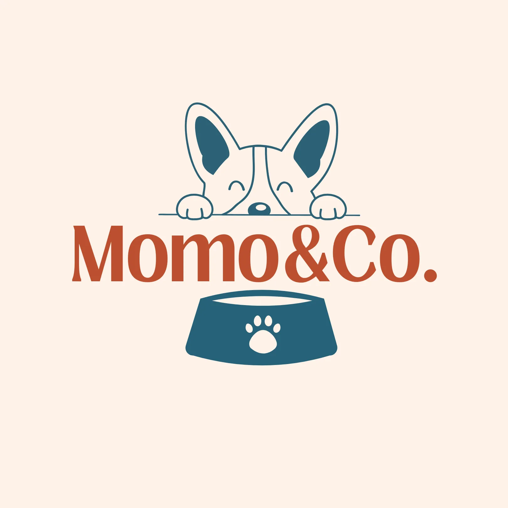 Momo and Co logo with a peeking dog and a food bowl on a cream background