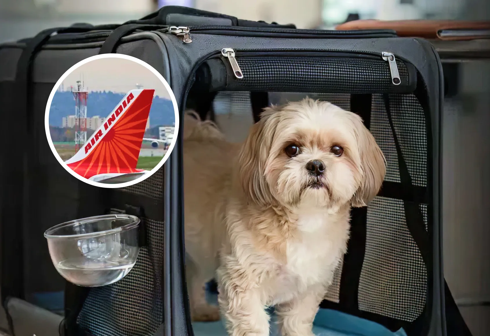 dog in a carrier Air india logo